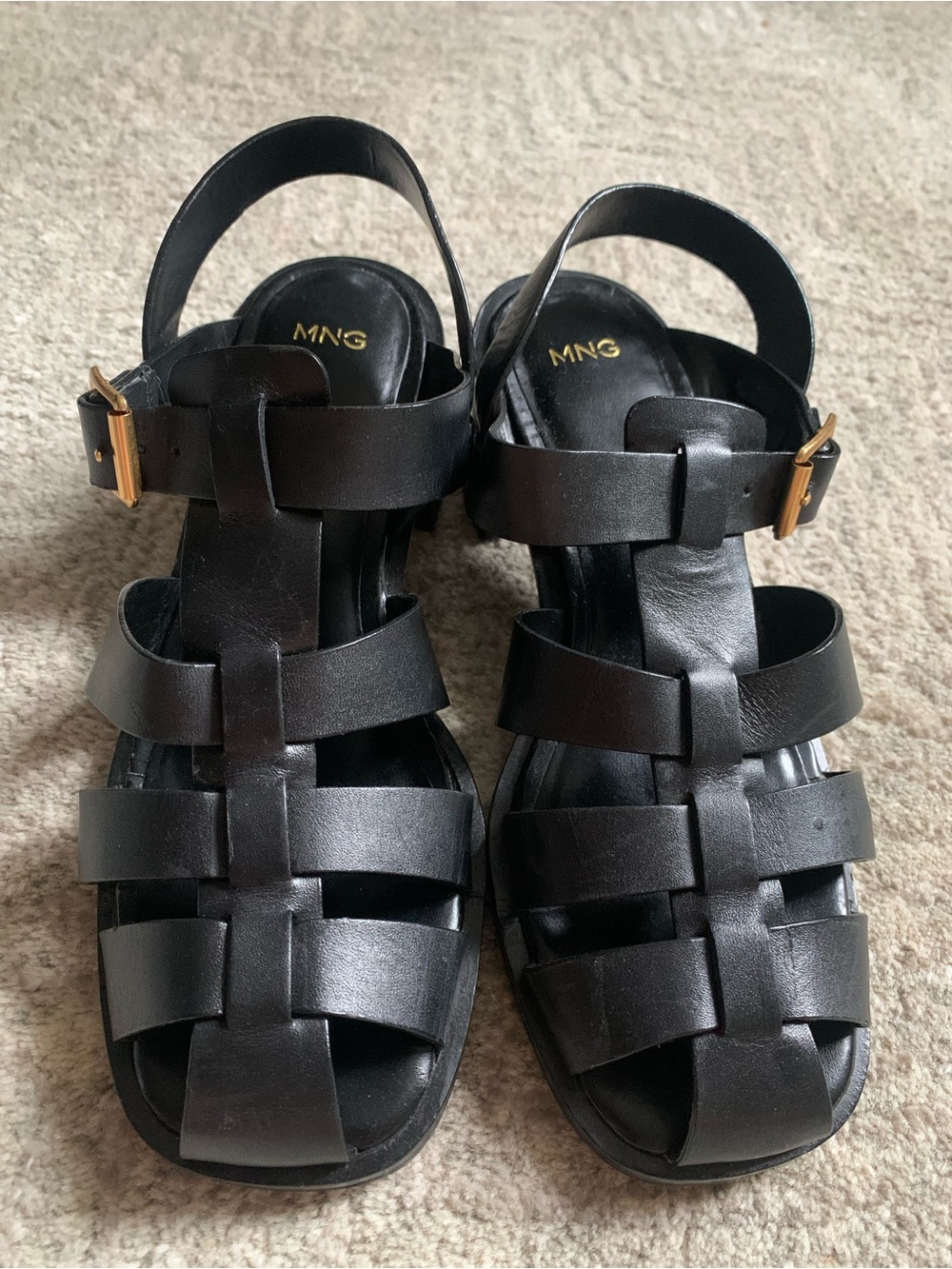Mango Black Leather Strappy Gladiator Sandals